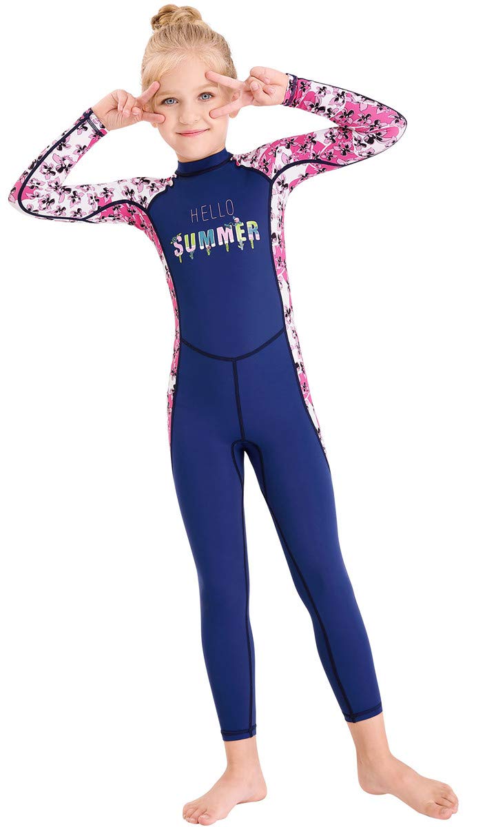 Jeleuon Youth Girls Boys One Piece Water Sports Sun Protection Rash Guard UPF 50+ Long Sleeves Full Suit Swimsuit Wetsuit Swimwear Navy-Flower - Image 1